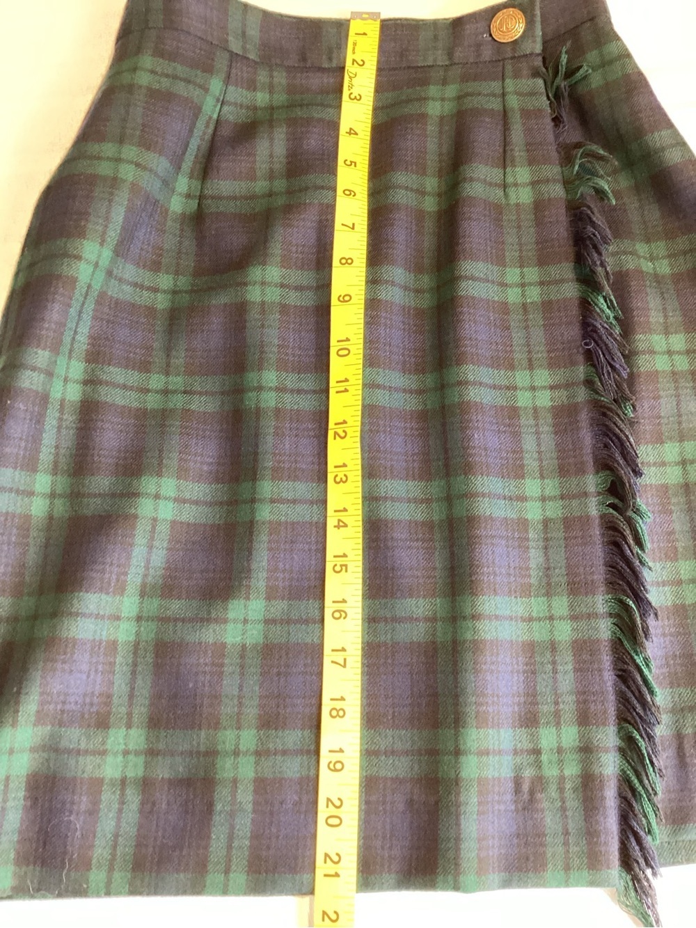JH Collectibles Wool Green & Navy Plaid Fringe Wrap Midi Skirt - Picture 8 of 10